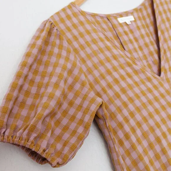 Reminiscence Gingham Plaid Seersucker Puff Short Sleeves Flared Dress Mini Tan - Picture 8 of 13